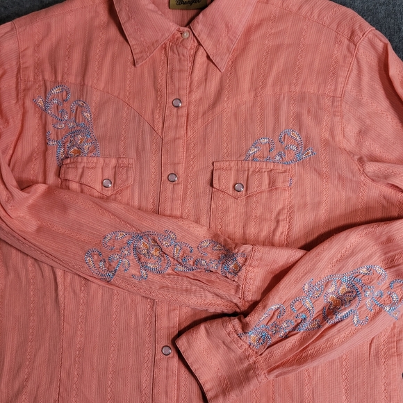 Wrangler Womens M Peach Long Sleeve Cotton Pearl Snap Western Shirt Embroidered - Picture 7 of 11